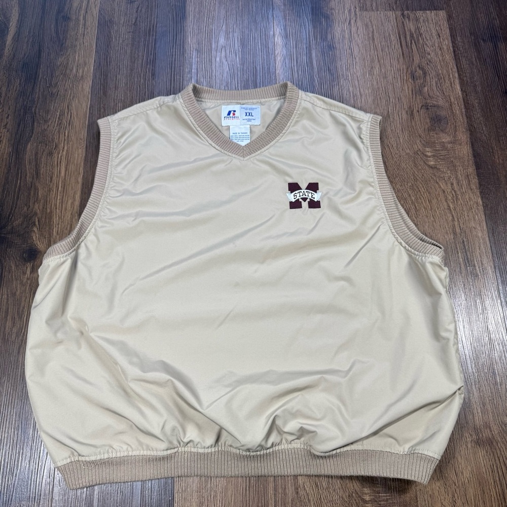 Vintage Russell Mississippi State Mens XXL Windbreaker Vest Jacket Khaki